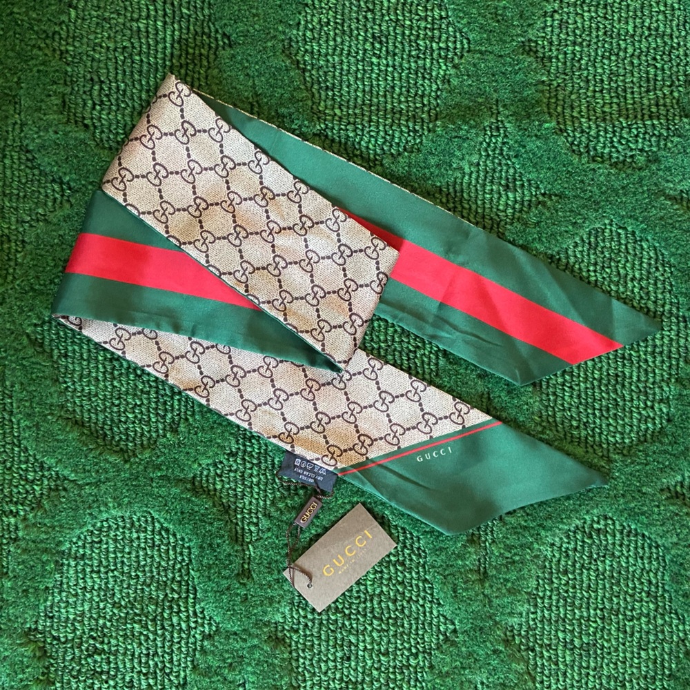 Designer Inspired G Green and Red Patterned Bag Ponytail Scarf